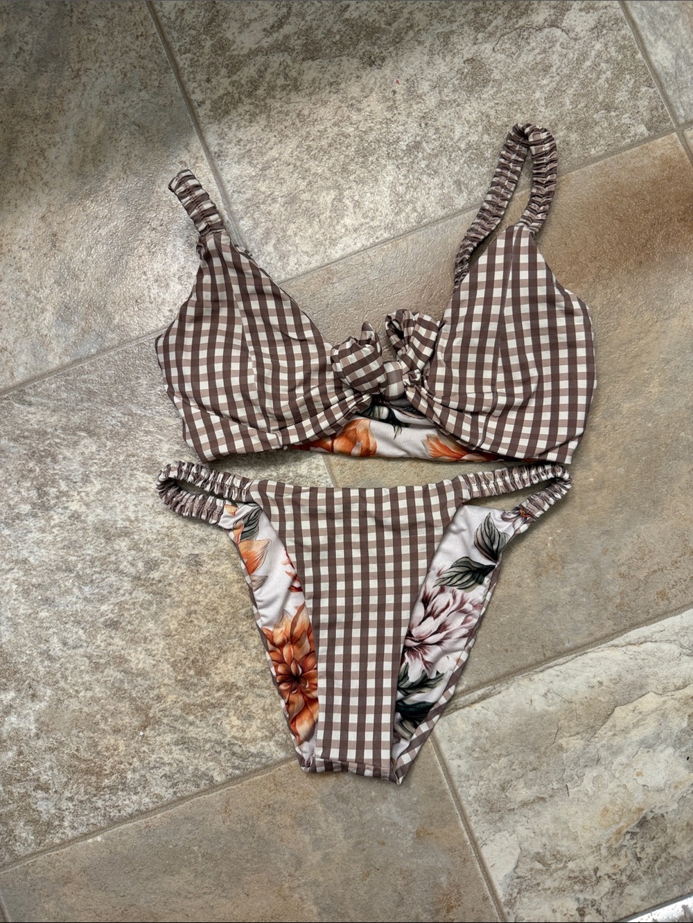 Maaji Brown and White Gingham Floral Tie-Front Bikini